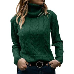 Womens Dark Green Pull On Cable Knit Turtleneck Long Sleeve Casual Warm Sweaters